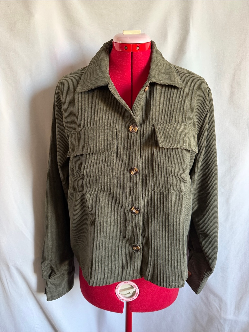 Utility Corduroy Button-Up Jacket in Olive Green